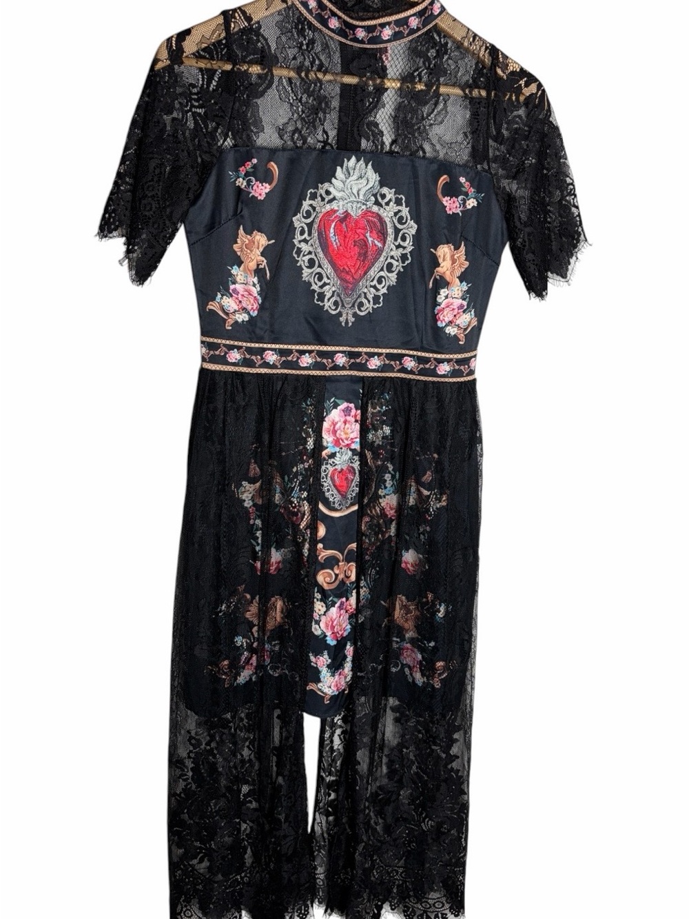 Vintage Beauty black lace trim flaming heart midi dress size S